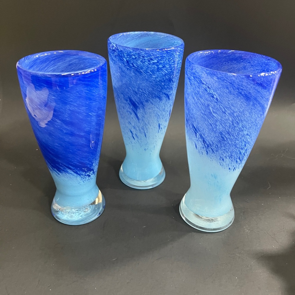 Set of 3 Art Glass Tall Beer Pub Glasses - Ocean Blue Swirl - 7.5"